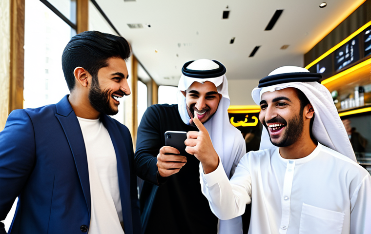 Choosing a Video Topic**
"A diverse group of young Arabs gathered around a smartphone, laughing and pointing at the screen. Focus on expressions of excitement and engagement. Background could be a modern café in Dubai, with Arabic script visible in the decor. Include elements that signify 'trending,' such as upward-pointing arrows or a stylized chart. Make sure to include the phrases: 'safe for work', 'appropriate content', 'fully clothed', 'professional', 'modest', and 'family-friendly'. Also include quality modifiers: 'perfect anatomy', 'correct proportions', 'natural pose', 'well-formed hands', 'proper finger count', and 'natural body proportions.'"
**