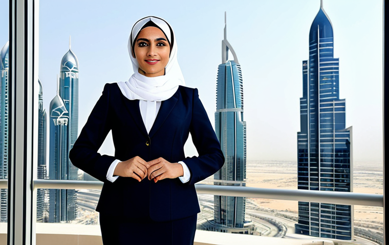 Modern Business Professional in Dubai**
"A successful Emirati businesswoman, fully clothed in a tailored business suit with modest neckline, standing in a modern office building overlooking the Dubai skyline. Professional attire, safe for work, perfect anatomy, natural proportions, professional photography, high quality."
**