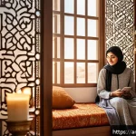 Home 18 숏폼 콘텐츠의 혁신적인 아이디어 발굴하기 - A warm and inviting Middle Eastern home interior featuring a young Arab woman in modest, modern clot...