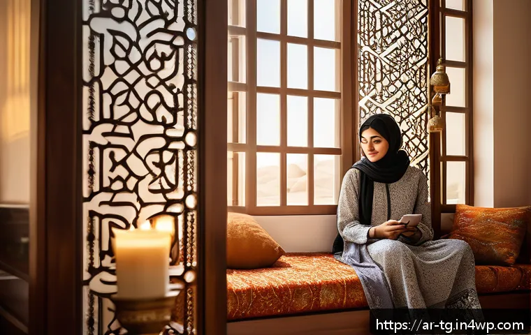 숏폼 콘텐츠의 혁신적인 아이디어 발굴하기 - A warm and inviting Middle Eastern home interior featuring a young Arab woman in modest, modern clot...