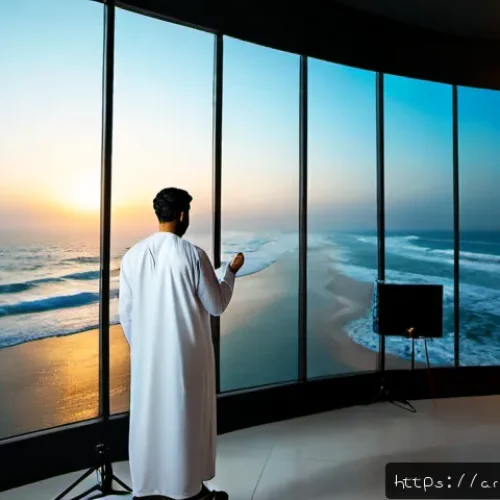 숏폼 콘텐츠의 최신 기술 동향 - Photorealistic cinematic scene of a young Arab content creator in a modern Dubai studio using an adv...