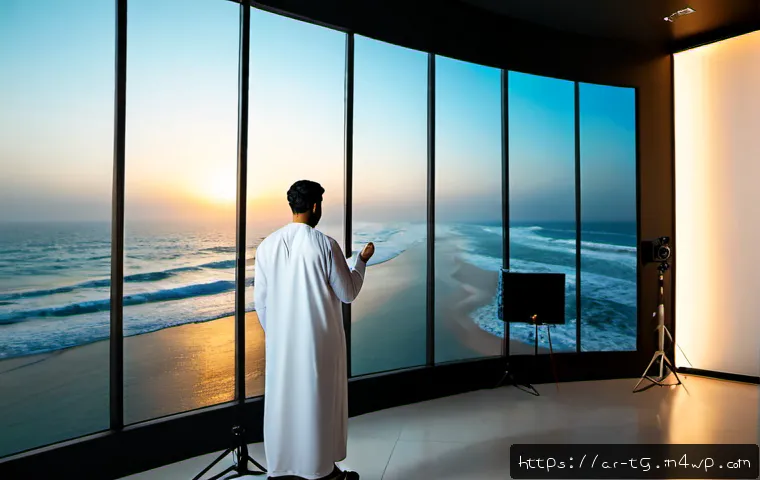 숏폼 콘텐츠의 최신 기술 동향 - Photorealistic cinematic scene of a young Arab content creator in a modern Dubai studio using an adv...
